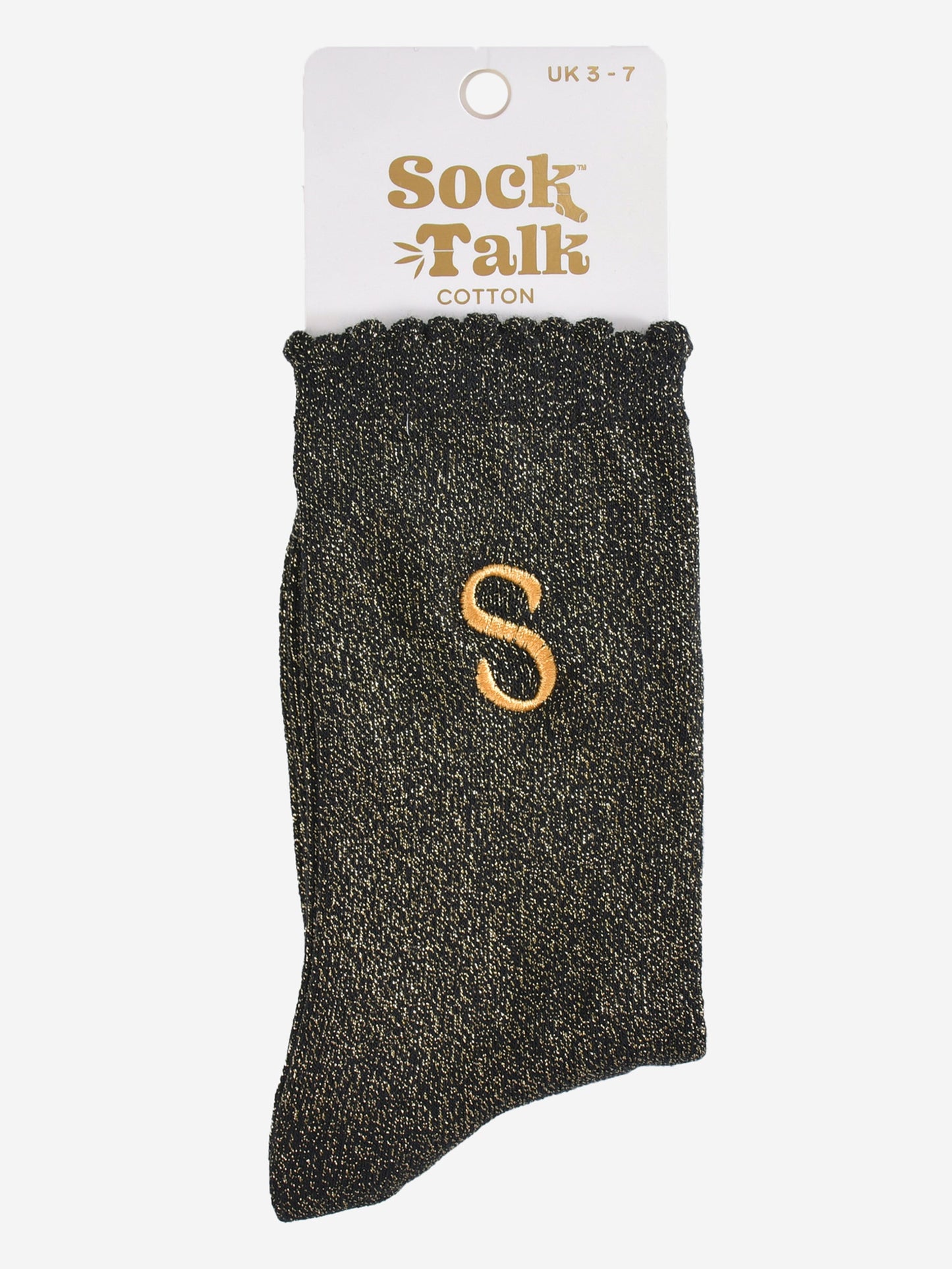 embroidered glitter letter s cotton ankle socks in their sock talk packaging, the socks are a uk size 3-7