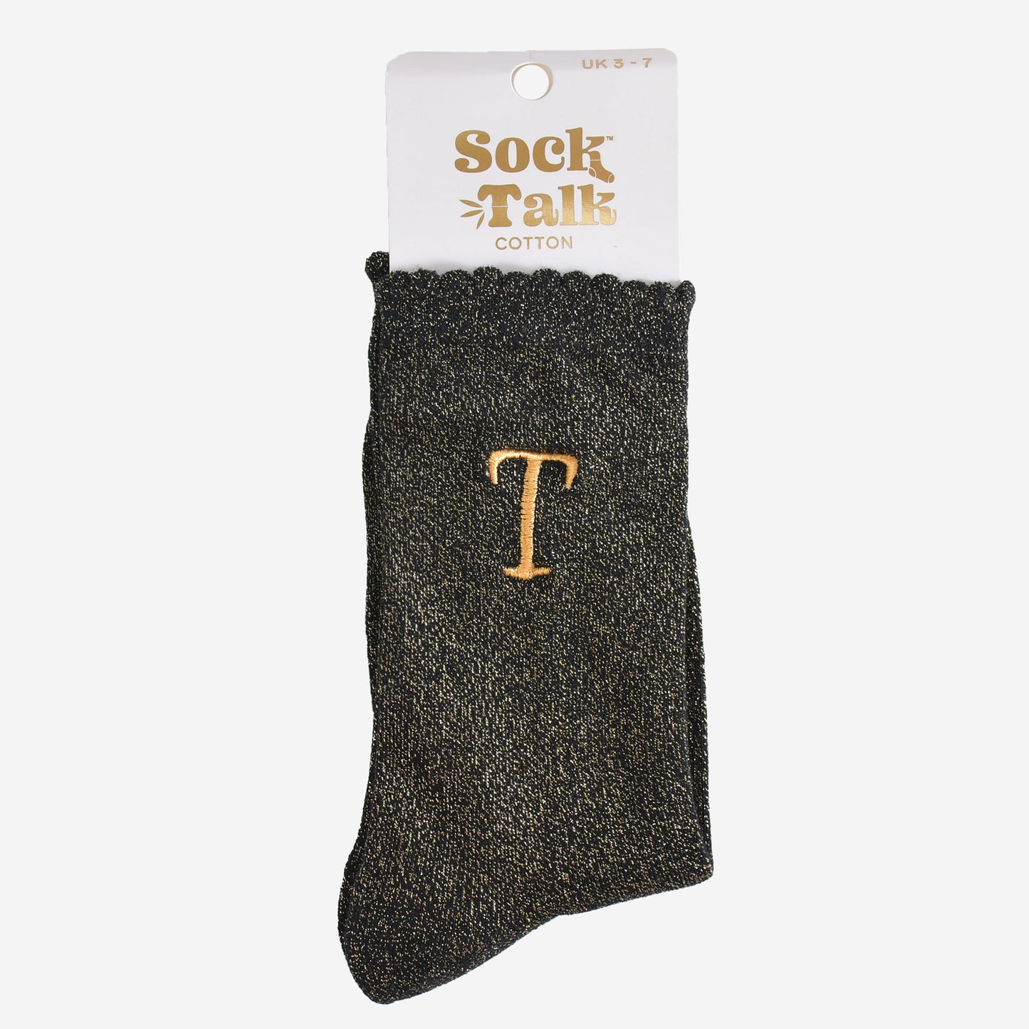 embroidered glitter letter t cotton ankle socks in their sock talk packaging, the socks are a uk size 3-7