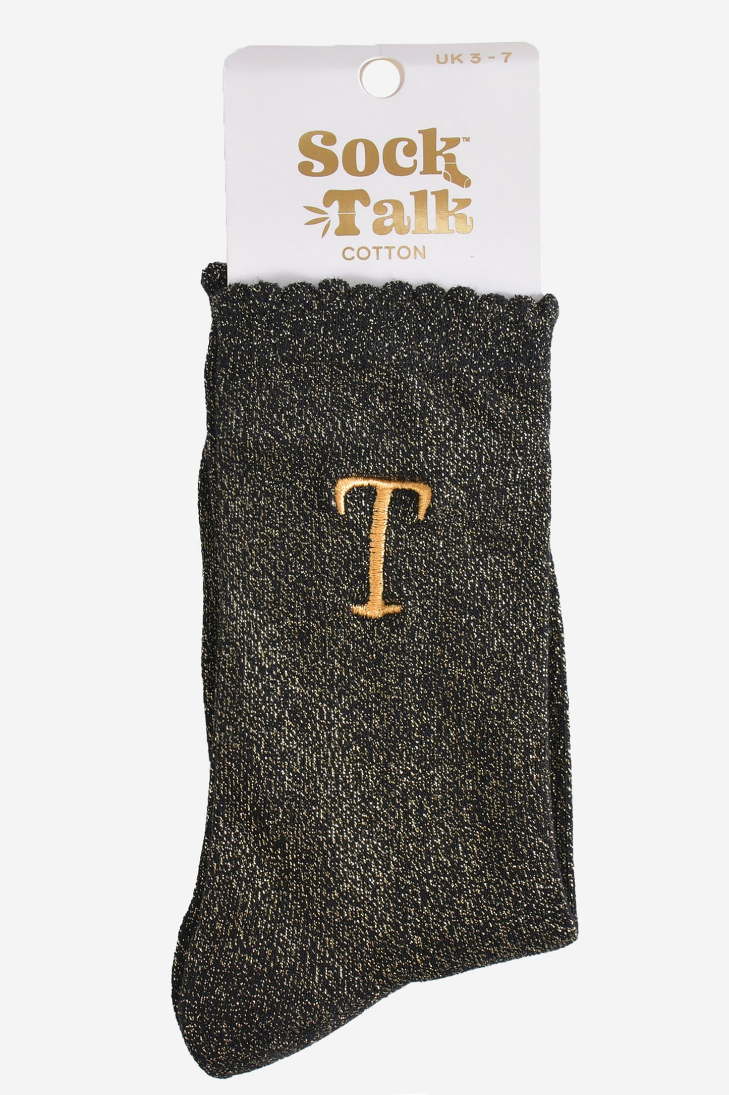 embroidered glitter letter t cotton ankle socks in their sock talk packaging, the socks are a uk size 3-7