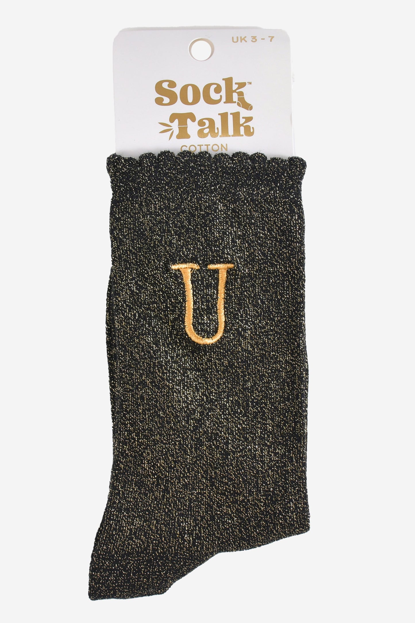 embroidered glitter letter u cotton ankle socks in their sock talk packaging, the socks are a uk size 3-7