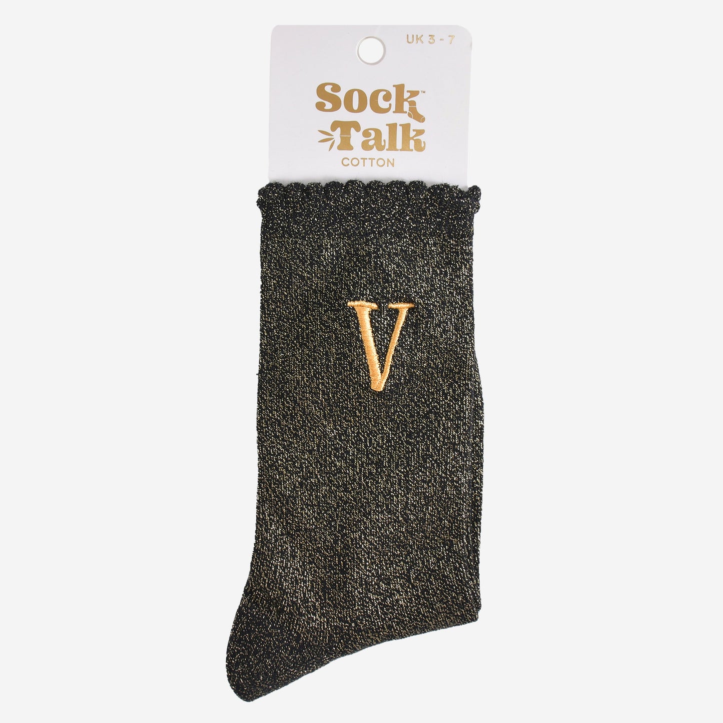 embroidered glitter letter v cotton ankle socks in their sock talk packaging, the socks are a uk size 3-7