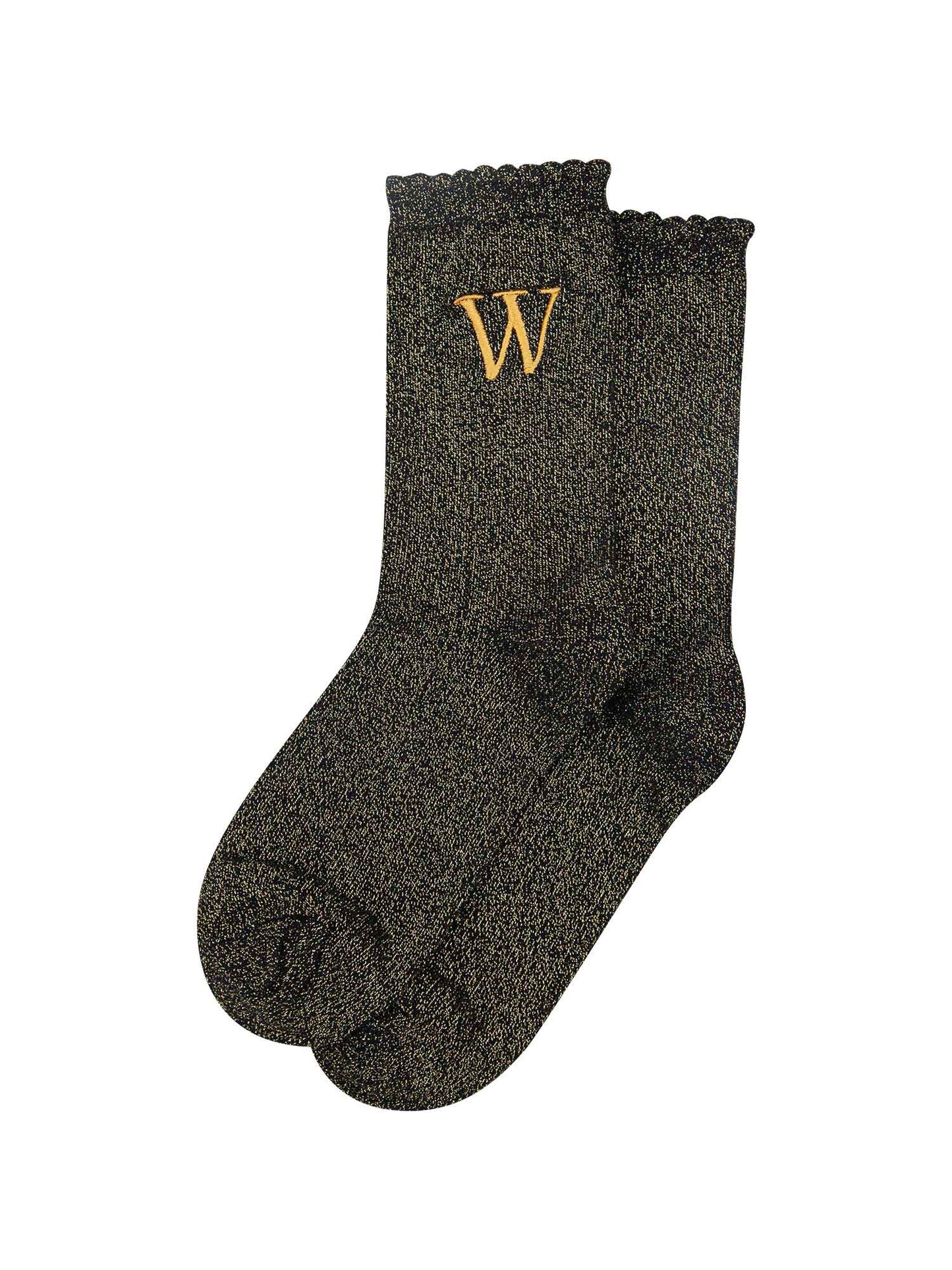 showing the glitter socks laying flat, they have a scalloped cuff and an all over gold sparkle