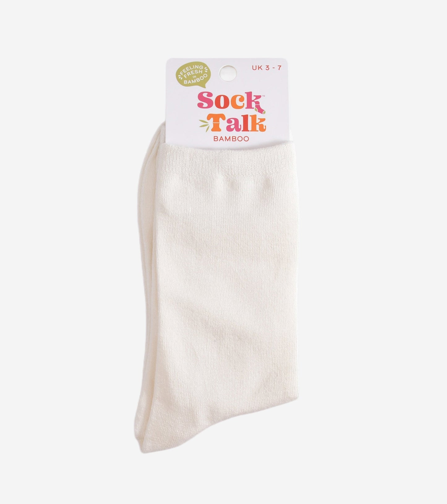 plain white bamboo socks in their sock talk packaging, the socks are a uk size 3-7