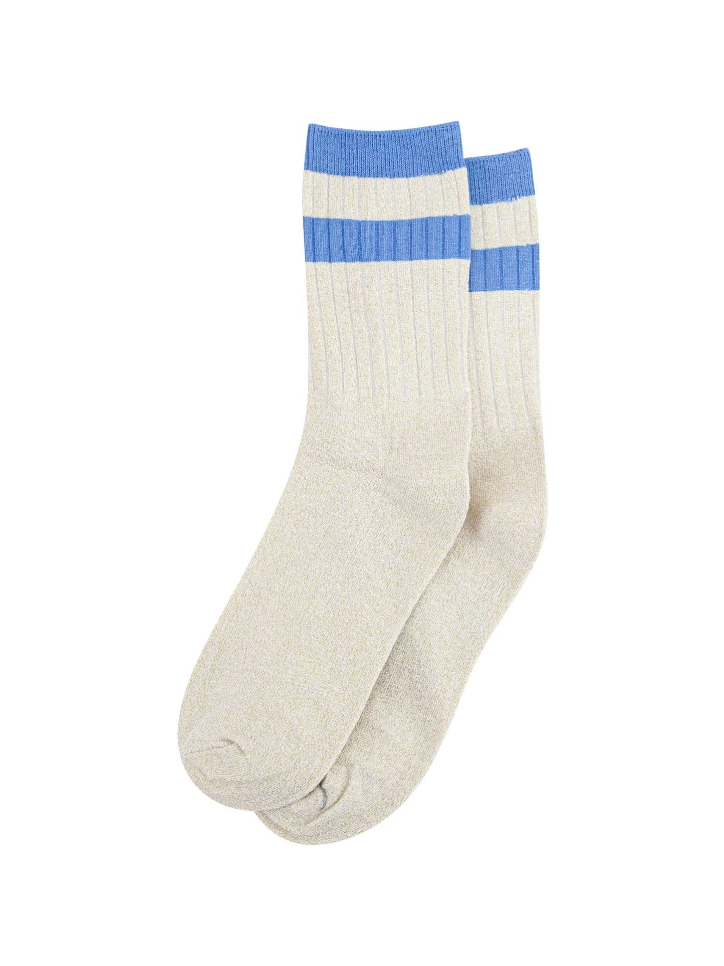 womens-glitter-socks-cream-denim-blue-striped-cuff-laying-flat-sports-style-ribbed-cotton-sparkly