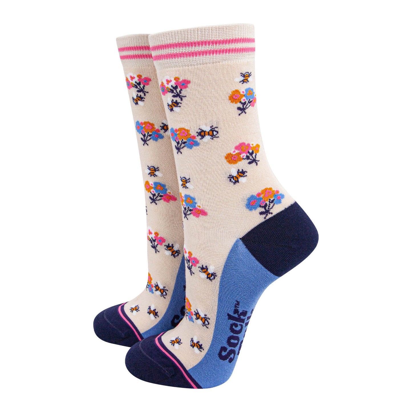 womens-bamboo-socks-cream-navy-blue-bee-posy-flowers