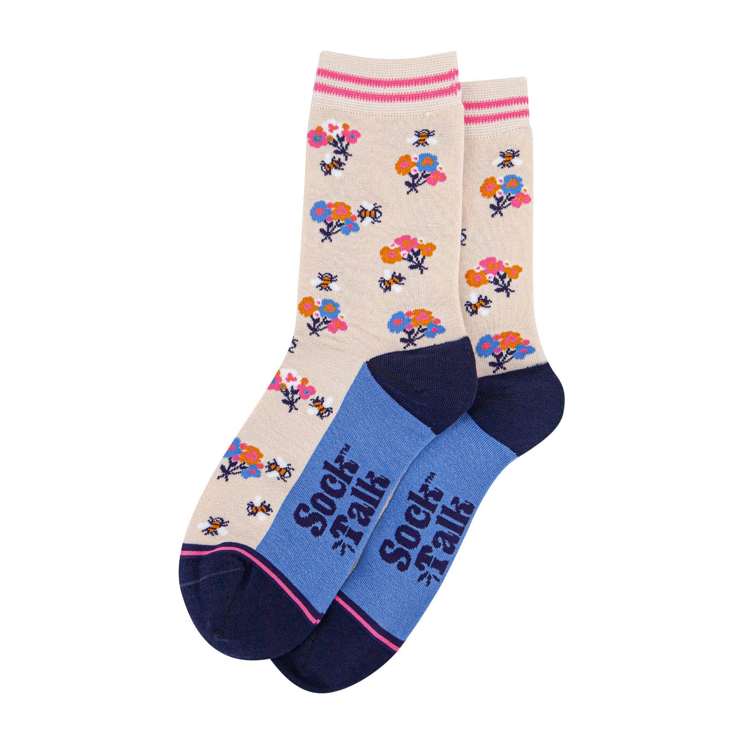 womens-bamboo-socks-cream-navy-blue-bee-posy-laying-flat
