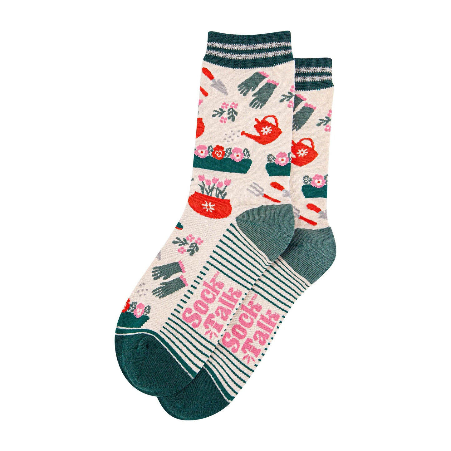 womens-bamboo-socks-cream-green-gardening-laying-flat
