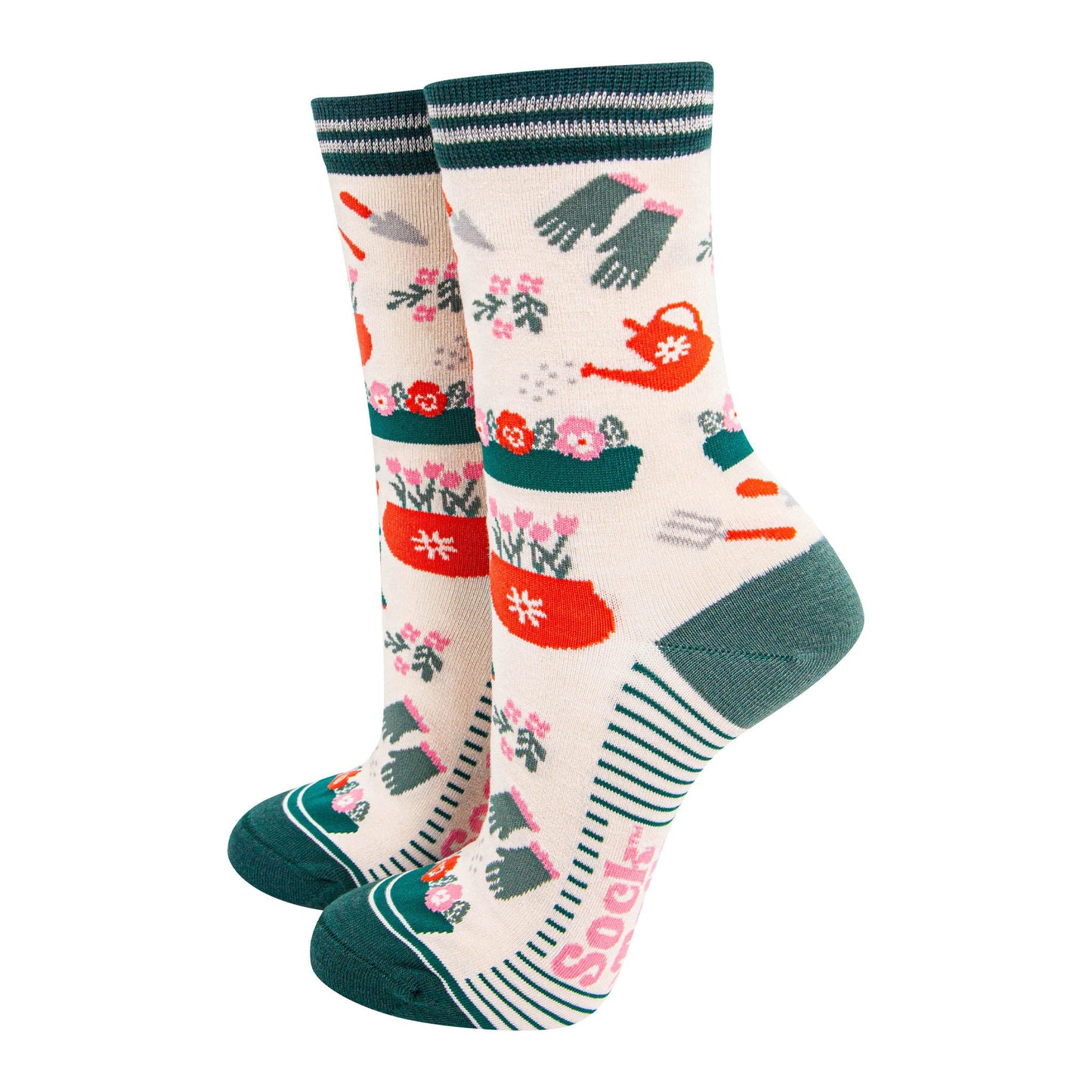 womens-bamboo-socks-cream-green-gardening-flower-pots-tools