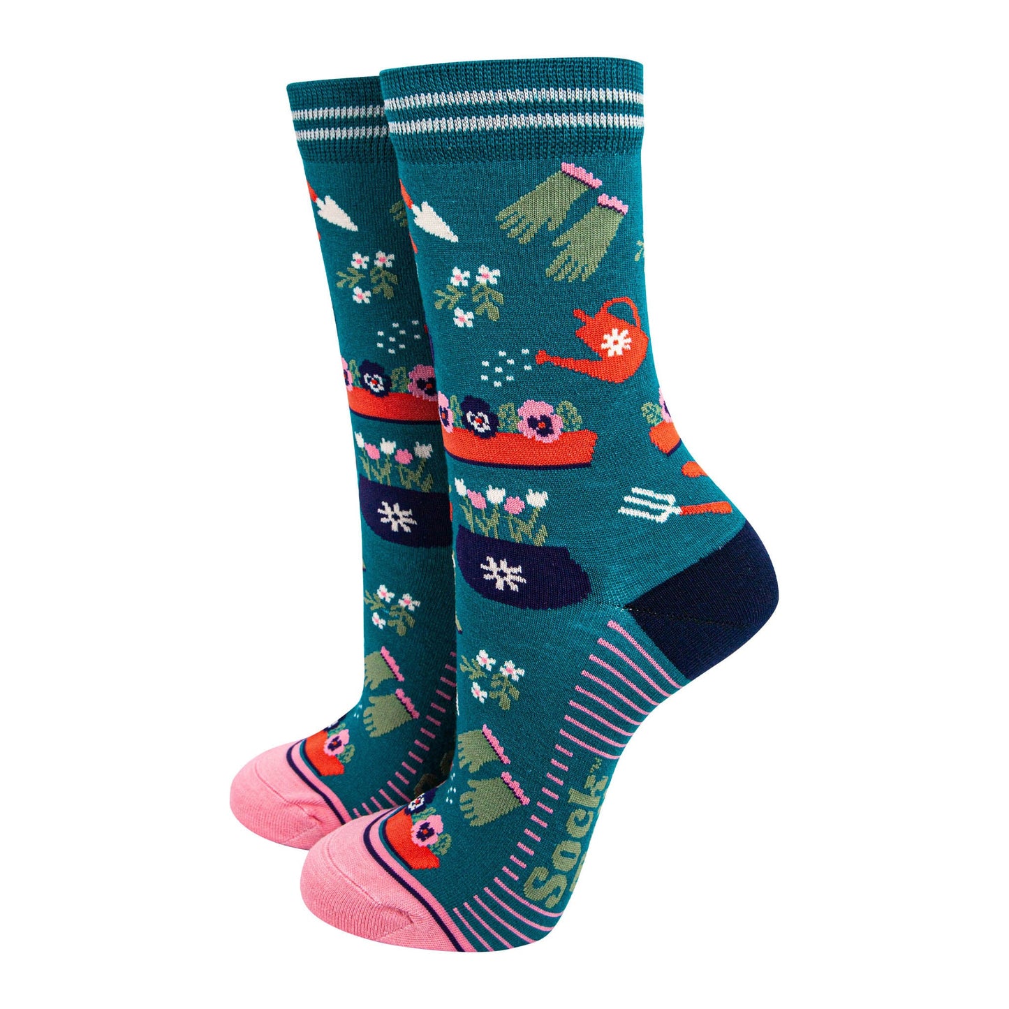 womens-bamboo-socks-teal-pink-gardening-flower-pots-tools