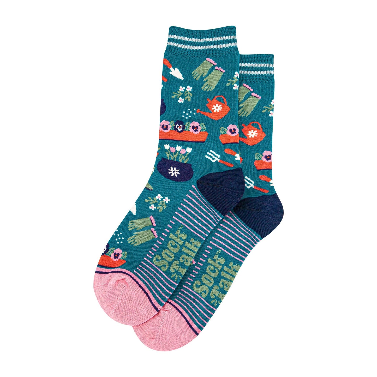 womens-bamboo-socks-teal-pink-gardening-laying-flat