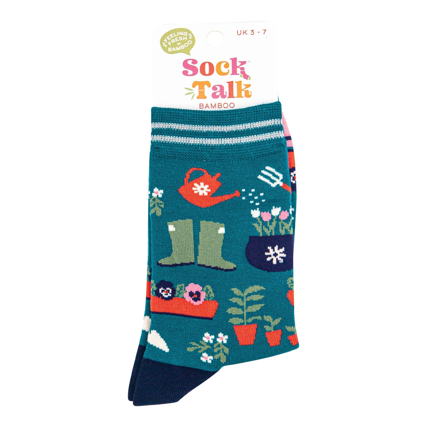 womens-bamboo-socks-teal-pink-gardening-in-sock-talk-packaging