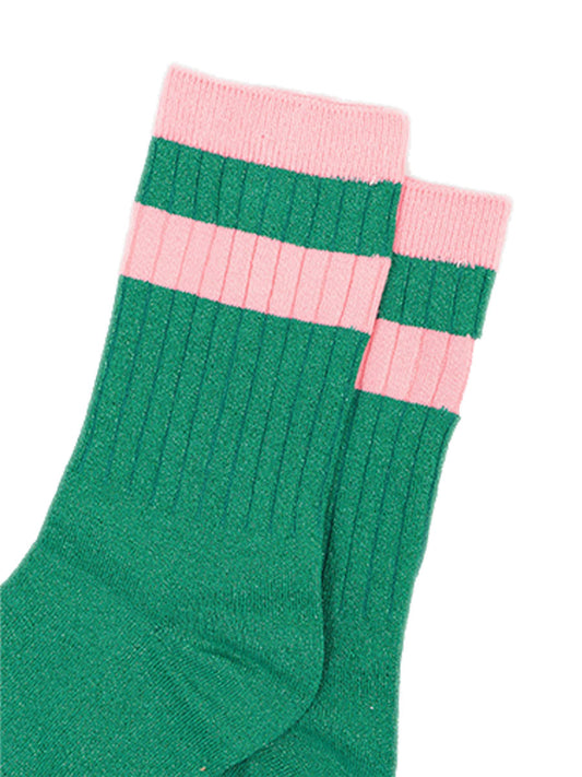 womens-glitter-socks-green-pink-striped-cuff-close-up-shimmery-material