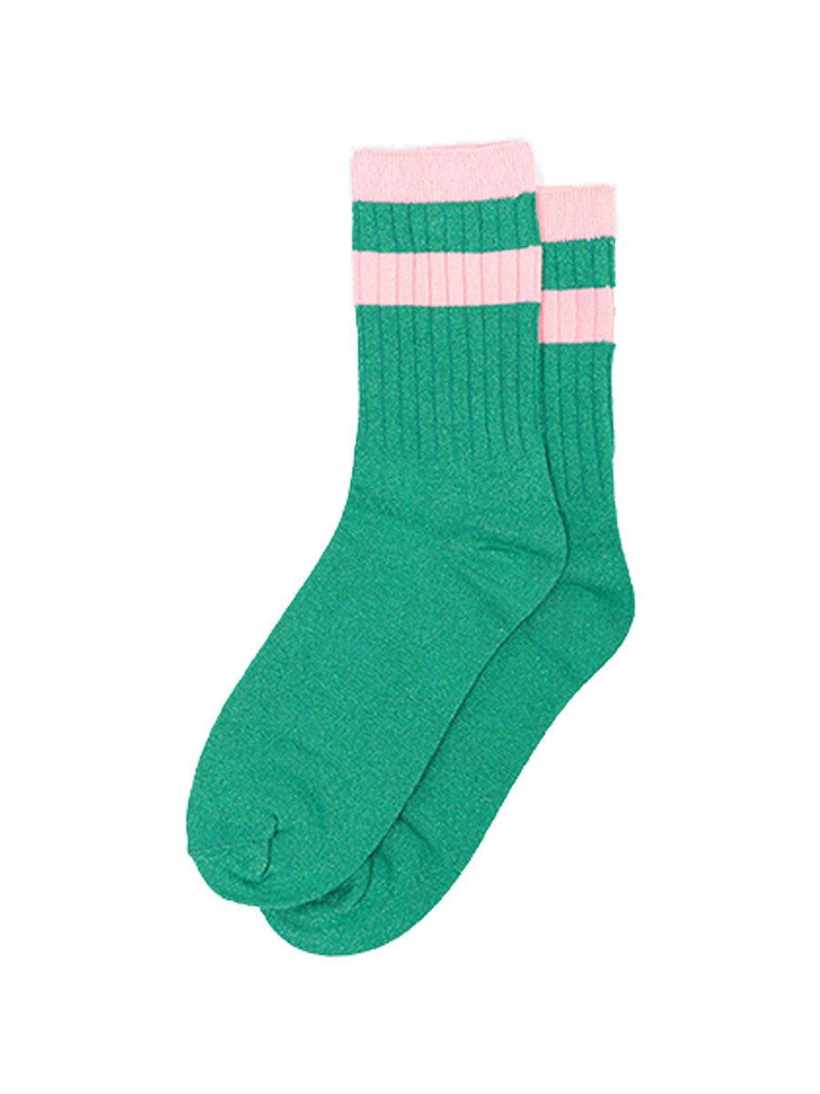 womens-glitter-socks-green-pink-striped-cuff-laying-flat-sparkly