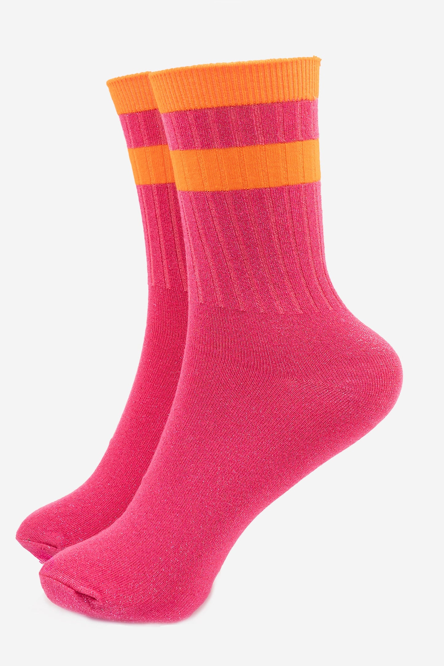 Women's Glitter Socks - Hot Pink/Orange, Striped Cuff