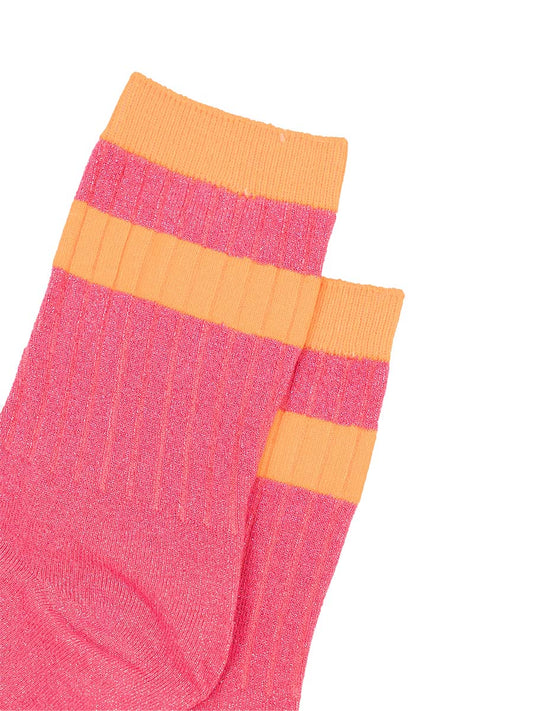 pink glitter sparkly ankle socks with ribbed cuffs and two sports style horizontal orange stripes on the cuff