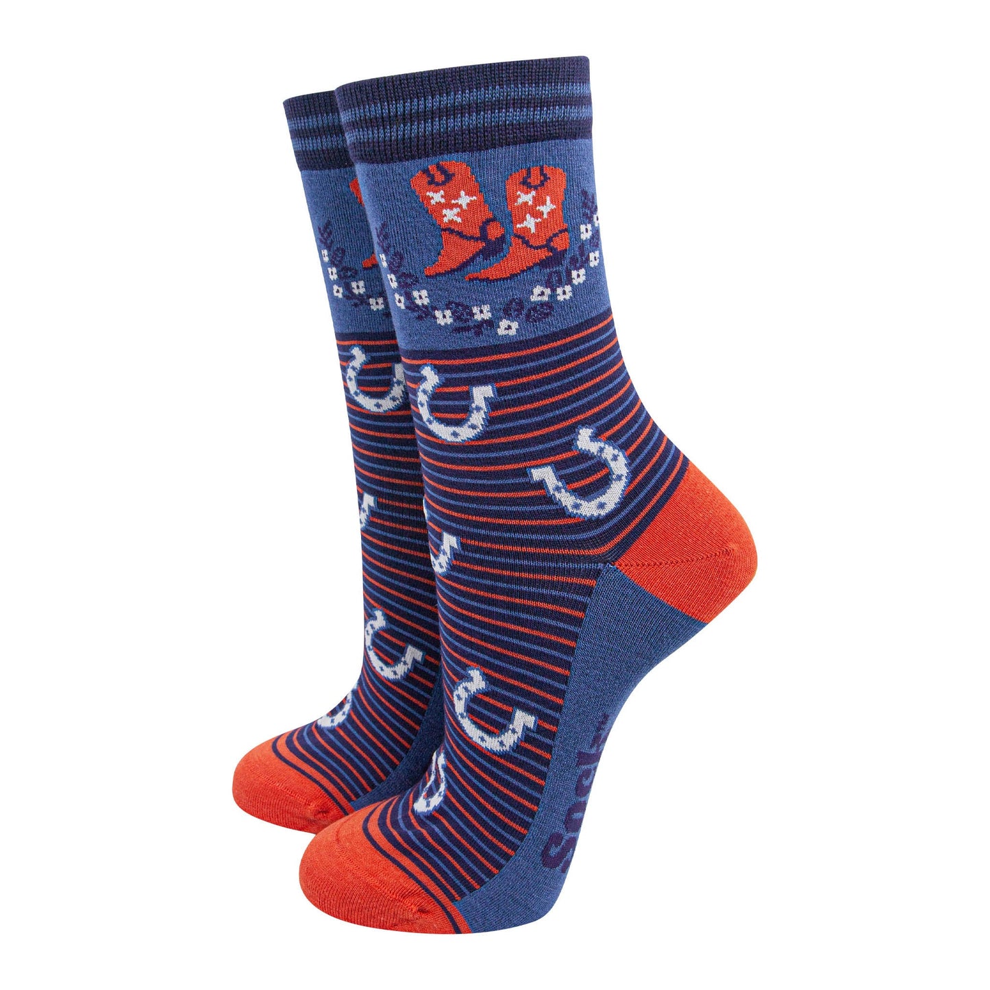 womens-bamboo-socks-navy-blue-denim-blue-cowboy-wreath-horseshoes-wild-west