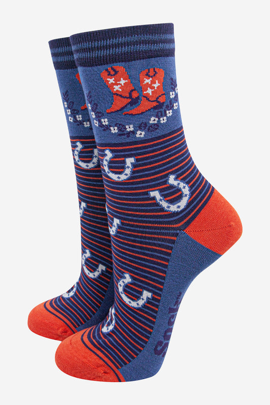 womens-bamboo-socks-navy-blue-denim-blue-cowboy-wreath-horseshoes-wild-west