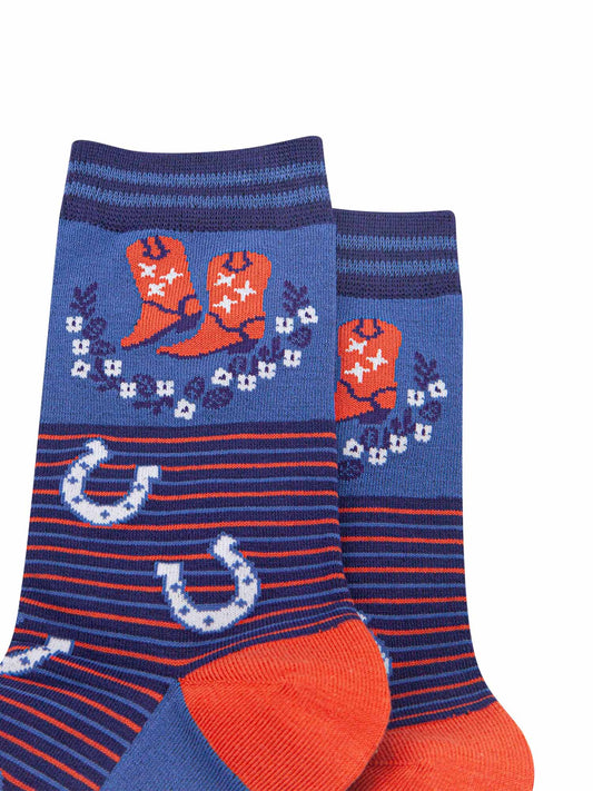 womens-bamboo-socks-navy-blue-denim-blue-cowboy-wreath-close-up