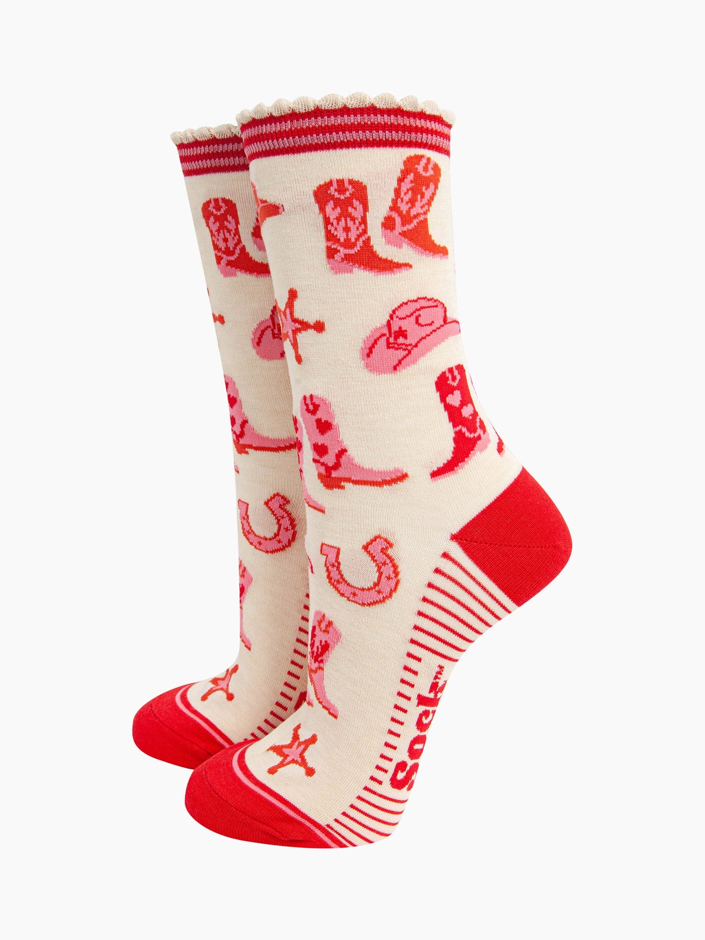 womens-bamboo-socks-cream-western-cowboy-pattern-cowboy-boots-horseshoes-sherrif-badges-cowboy-hats