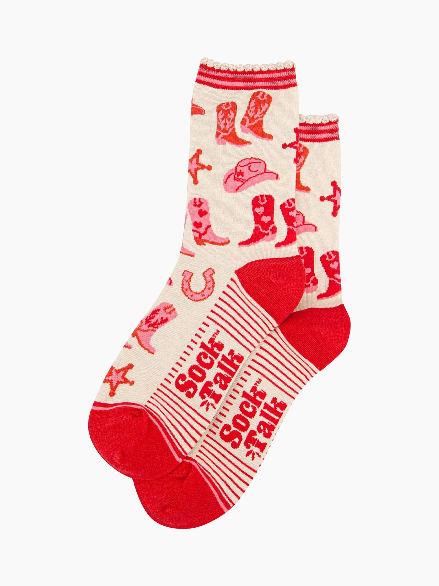womens-bamboo-socks-cream-western-cowboy-laying-flat-showing--all-over-pattern-in-pink-and-red