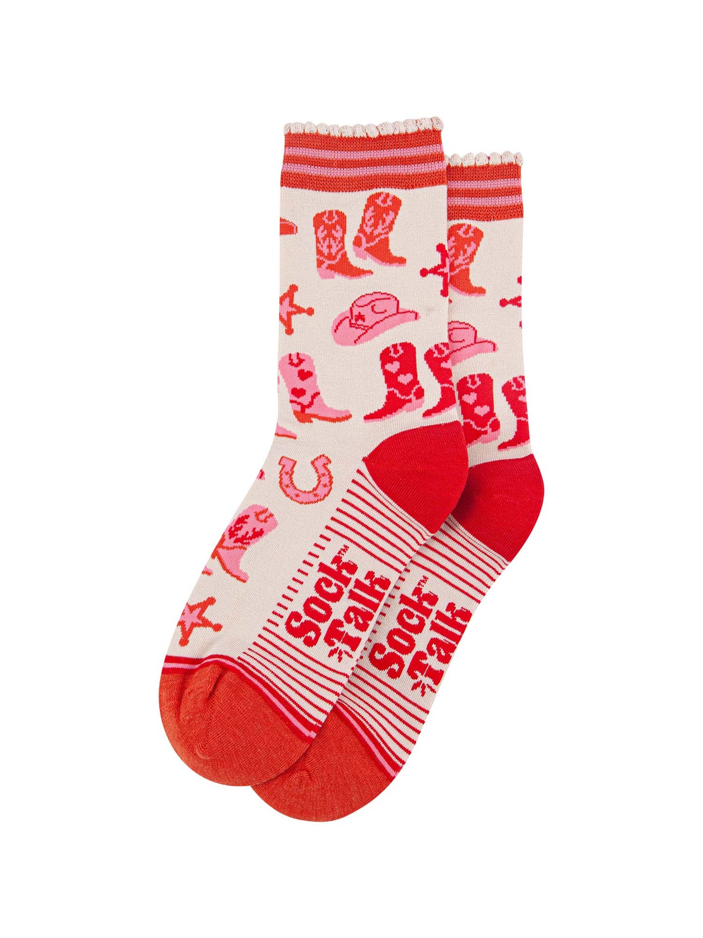 womens-bamboo-socks-cream-western-cowboy-laying-flat-showing--all-over-pattern-in-pink-and-red