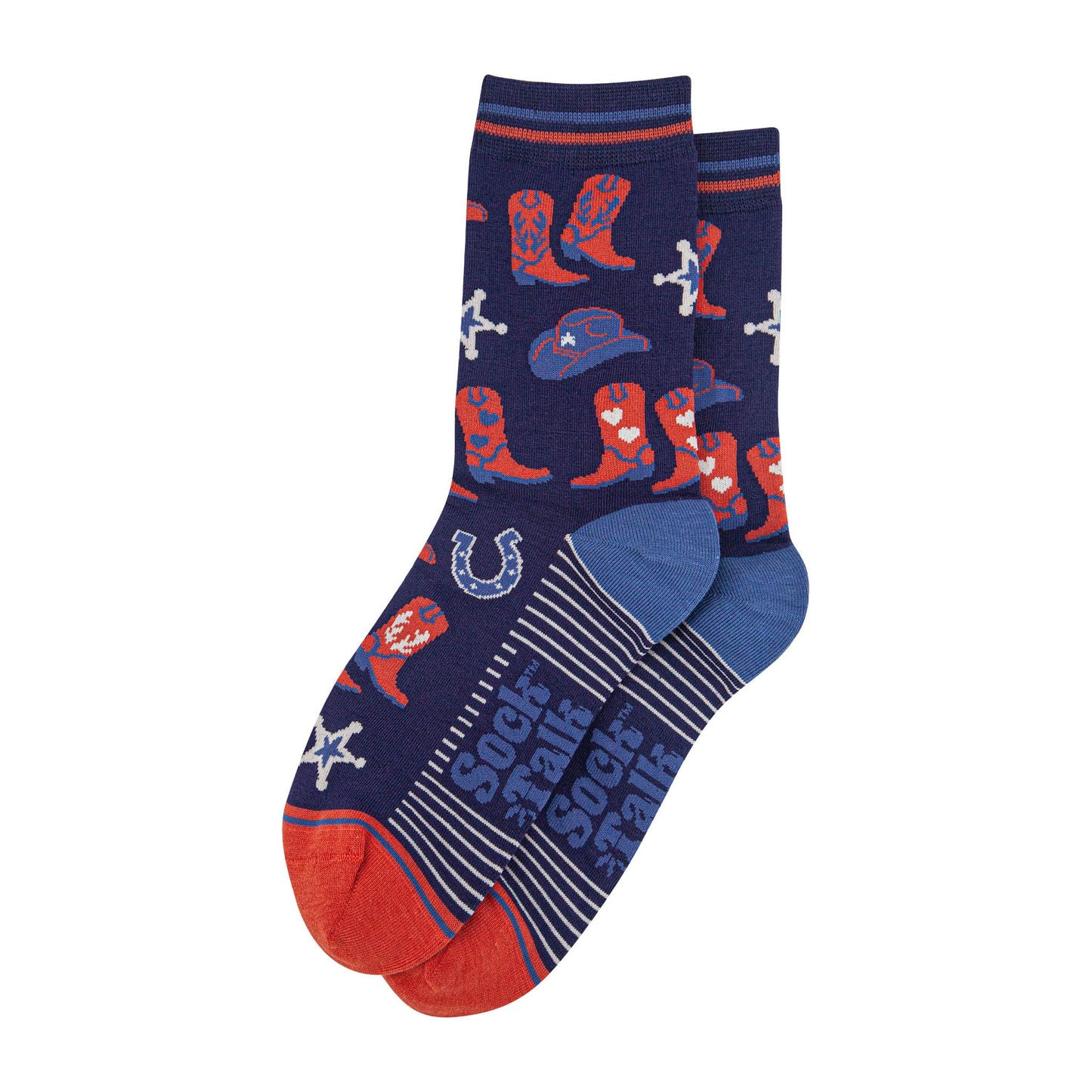 womens-bamboo-socks-navy-blue-denim-blue-cowboy-boots-and-hat-laying-flat