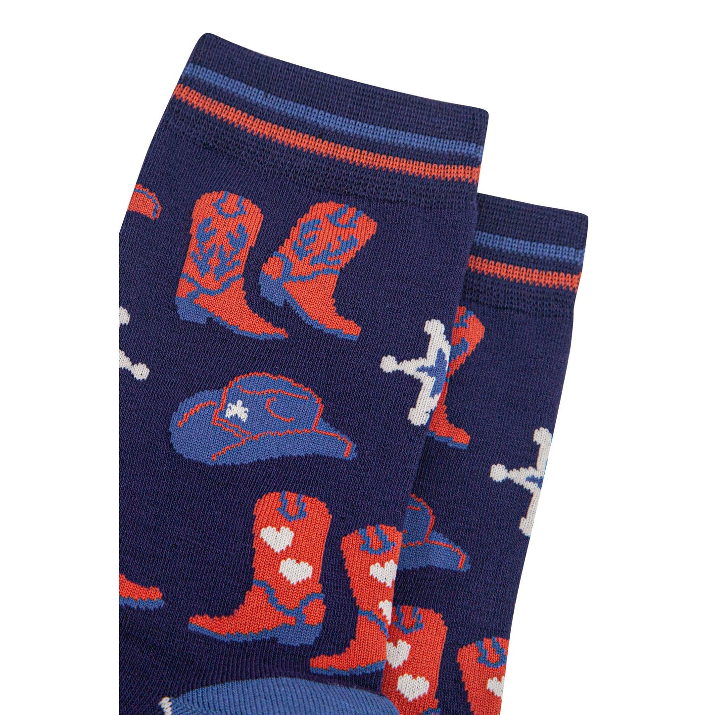womens-bamboo-socks-navy-blue-denim-blue-cowboy-boots-and-hat-close-up