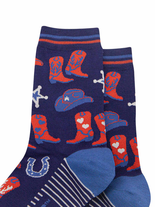womens-bamboo-socks-navy-blue-denim-blue-cowboy-boots-and-hat-close-up
