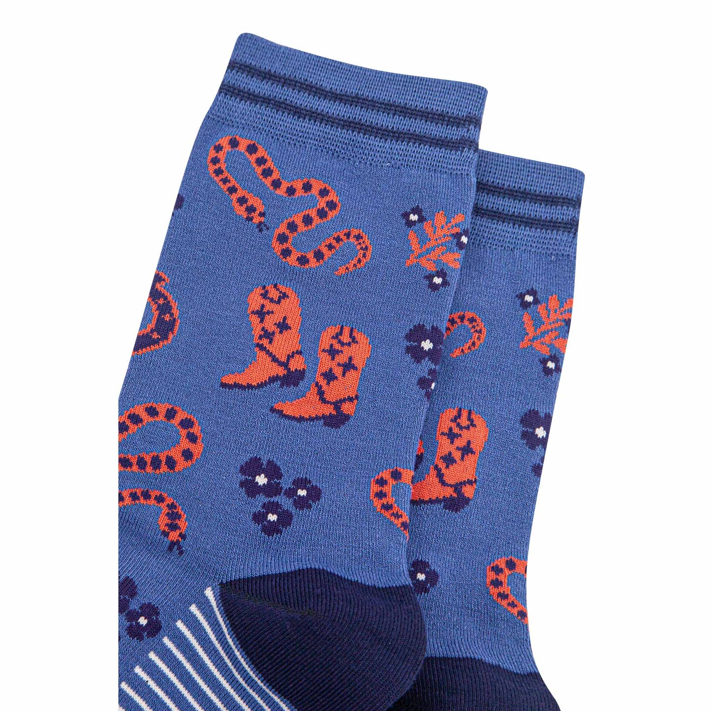 womens-bamboo-socks-navy-blue-denim-blue-cowboy-snakes-close-up