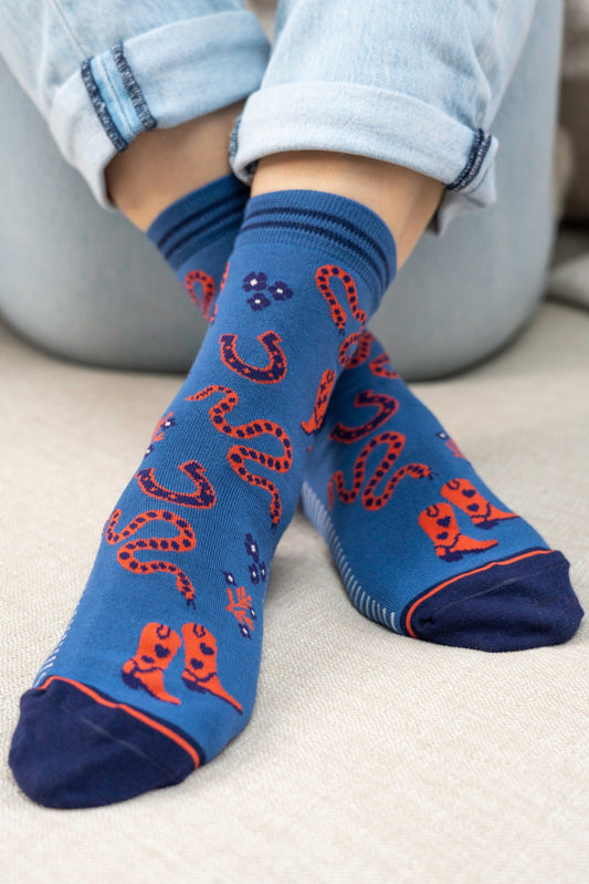 Women's Bamboo Socks - Navy Blue/Denim Blue, Cowboy Snakes