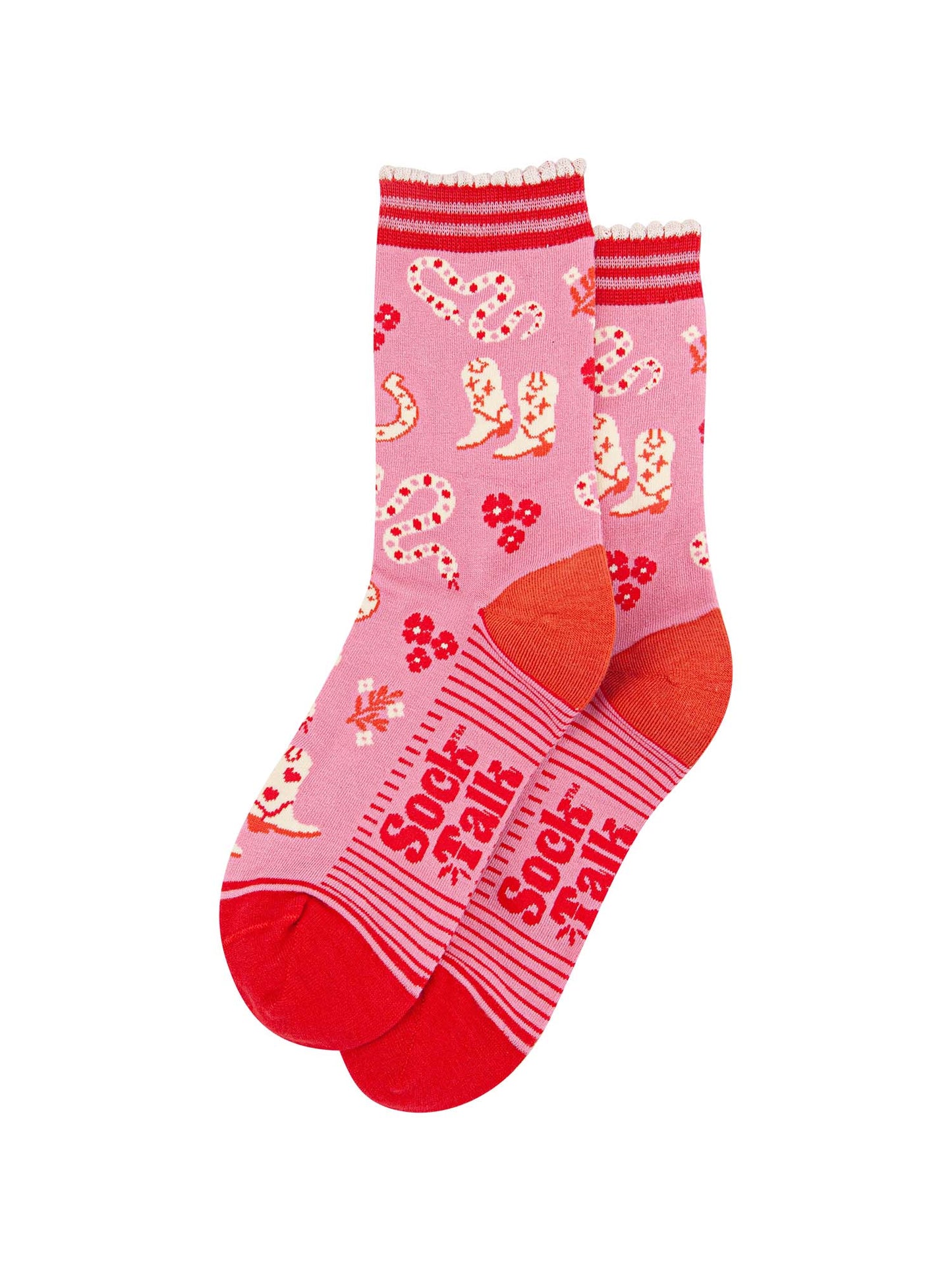 womens-bamboo-socks-pink-western-cowgirl-snakes-laying-flat-showing-all-over-pattern-snaked-cowboy-boots-flowers