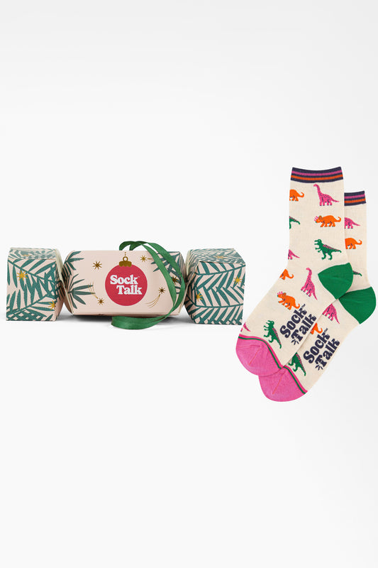 Women's Bamboo Ankle Socks Christmas Cracker Gift Box - Cream/Multi, Dinosaurs