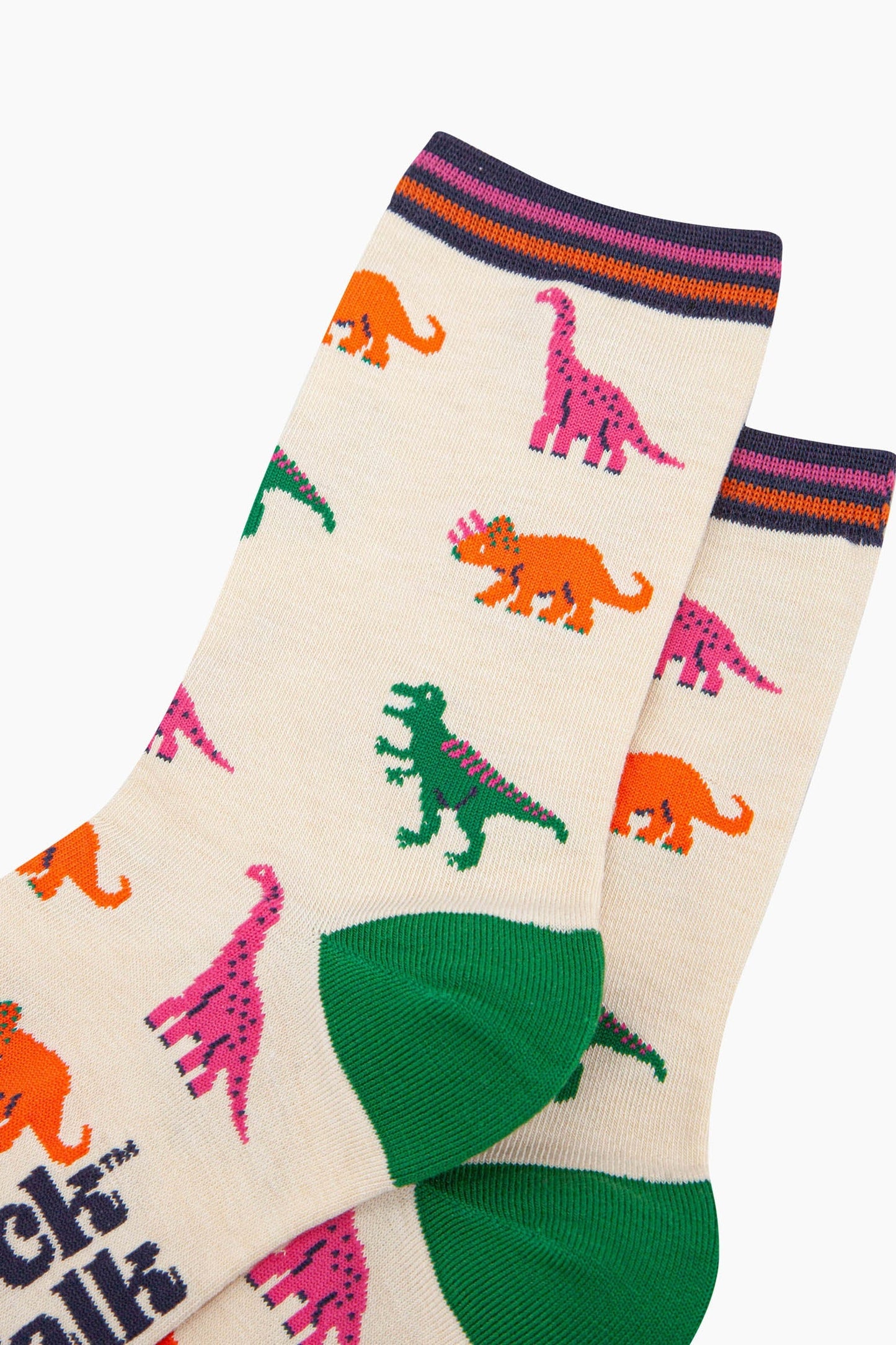 womens-bamboo-socks-cream-multi-dinosaurs-close-up-pink-brontosaurus-orange-triceratops-green-trex-striped-cuff