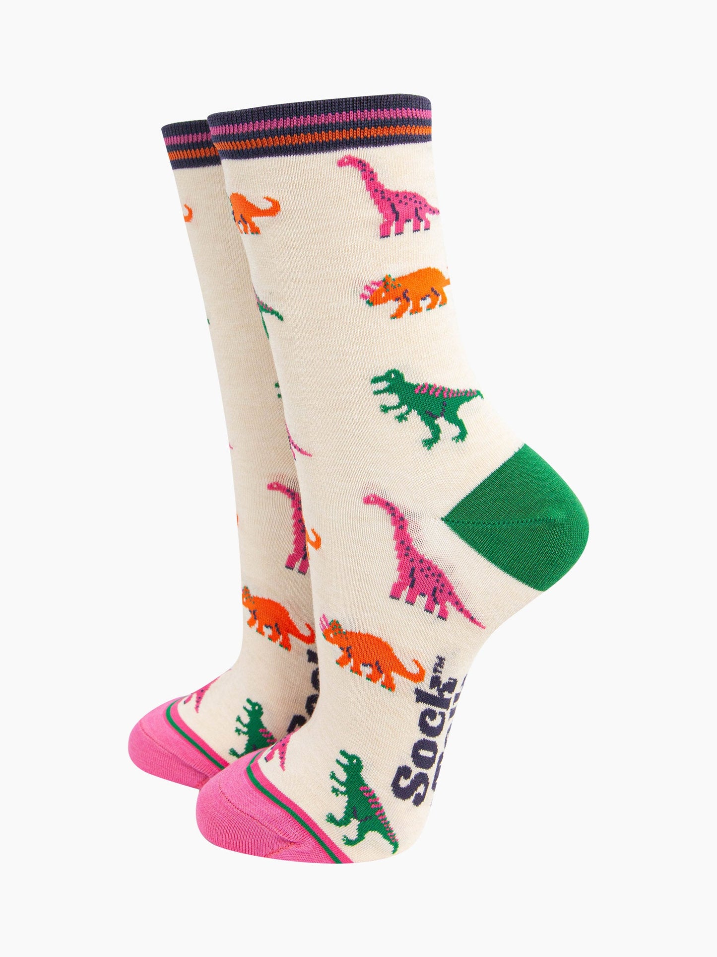 womens-bamboo-socks-cream-multi-dinosaurs-pattern-trex-brontosaurus-triceratops-bright-colours-pink-orange-green-on-cream-background