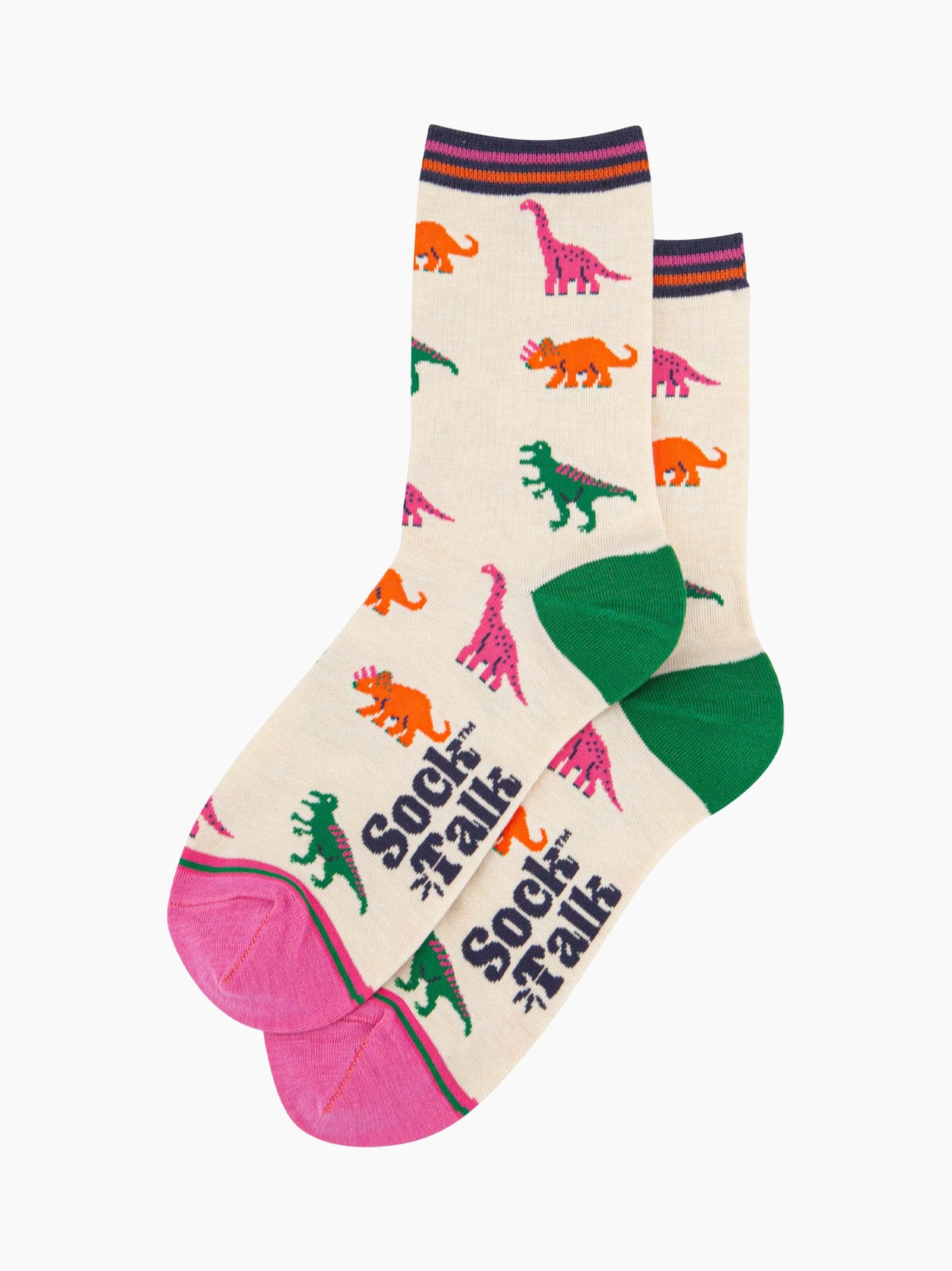 womens-bamboo-socks-cream-multi-dinosaurs-laying-flat-colourful-dino-pattern-repeats-all-over-the-design