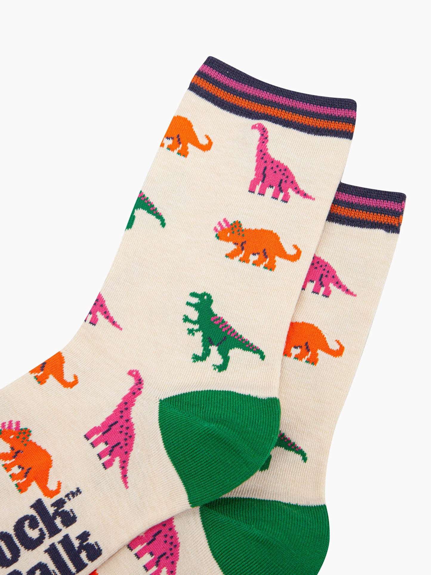 womens-bamboo-socks-cream-multi-dinosaurs-close-up-pink-brontosaurus-orange-triceratops-green-trex-striped-cuff