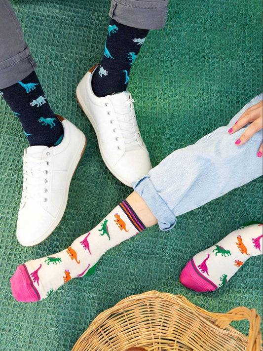 dinosaur-print-bamboo-socks-in-blue-dinosaur-print-bamboo-socks-in-cream-and-pink-multi