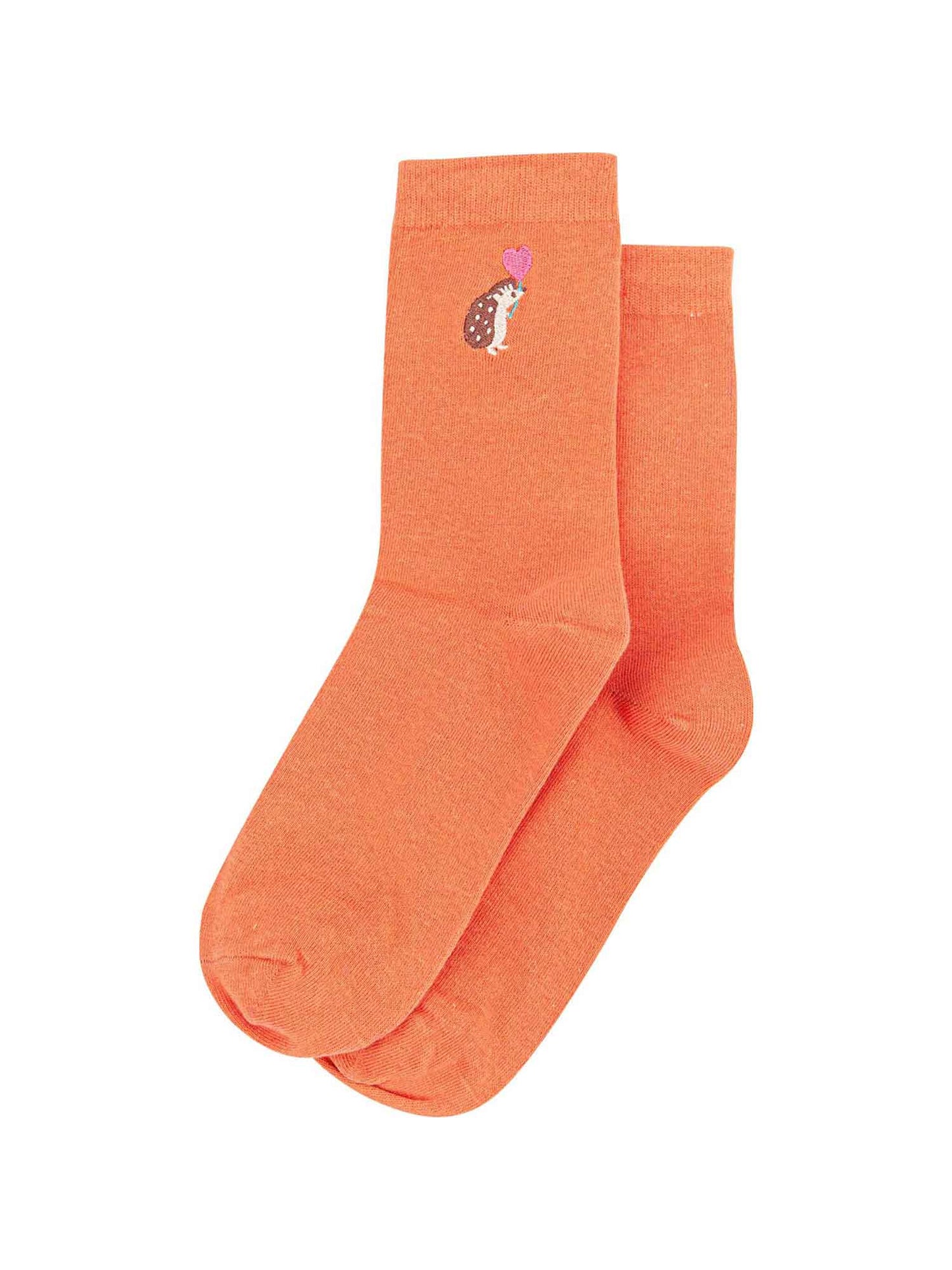 Embroidered Hedgehog Heart Balloon Cotton Socks in Orange