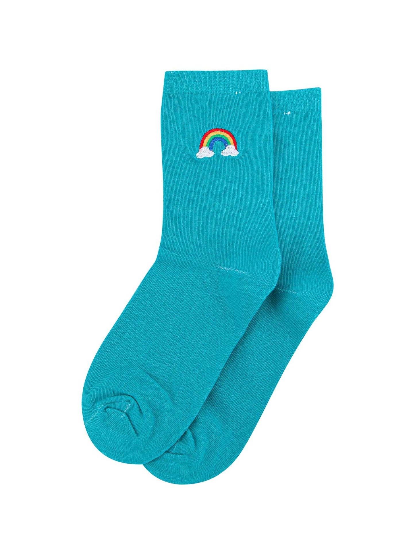 womens-embroidered-socks-turquoise-rainbow-laying-flat