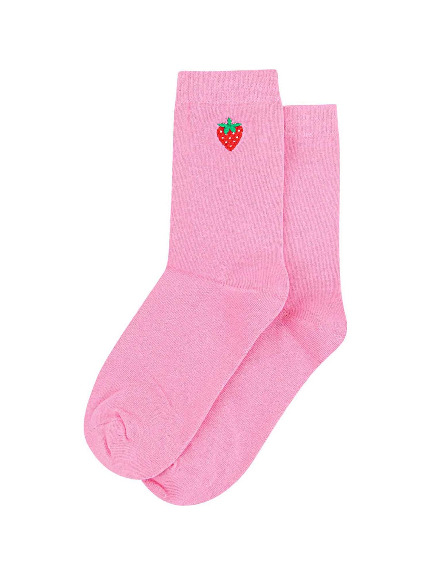 womens-embroidered-socks-pink-strawberry-laying-flat