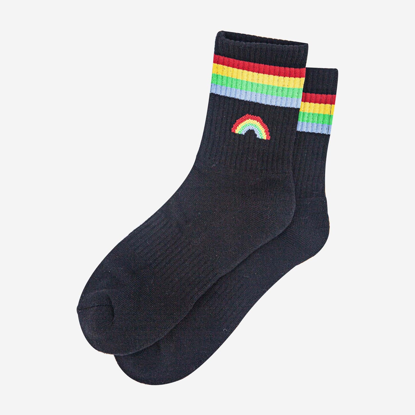 womens-sporty-socks-black-rainbow-laying-flat