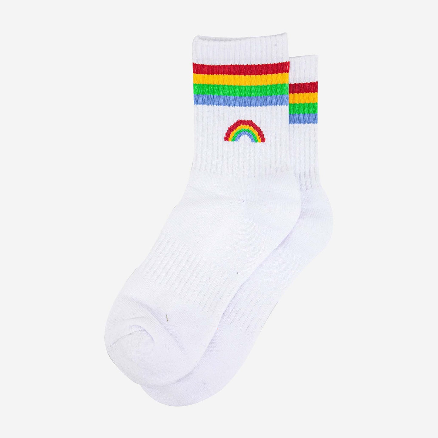 womens-sporty-socks-white-rainbow-laying-flat