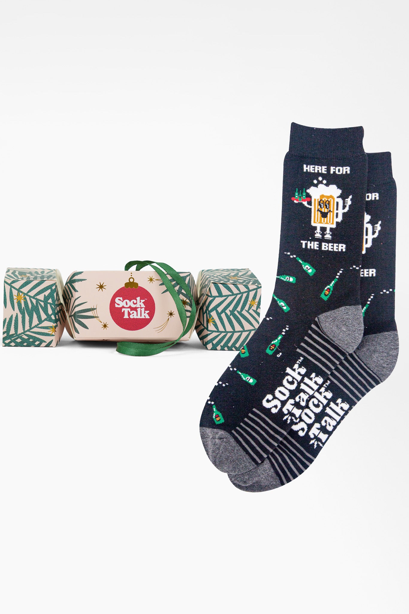 Men's Combed Cotton Crew Socks Christmas Cracker Gift Box - Black/Grey, Here For The Beer