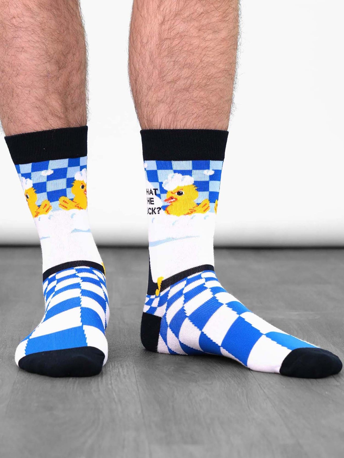 what-the-duck-print-combed-cotton-socks-in-blue-and-black