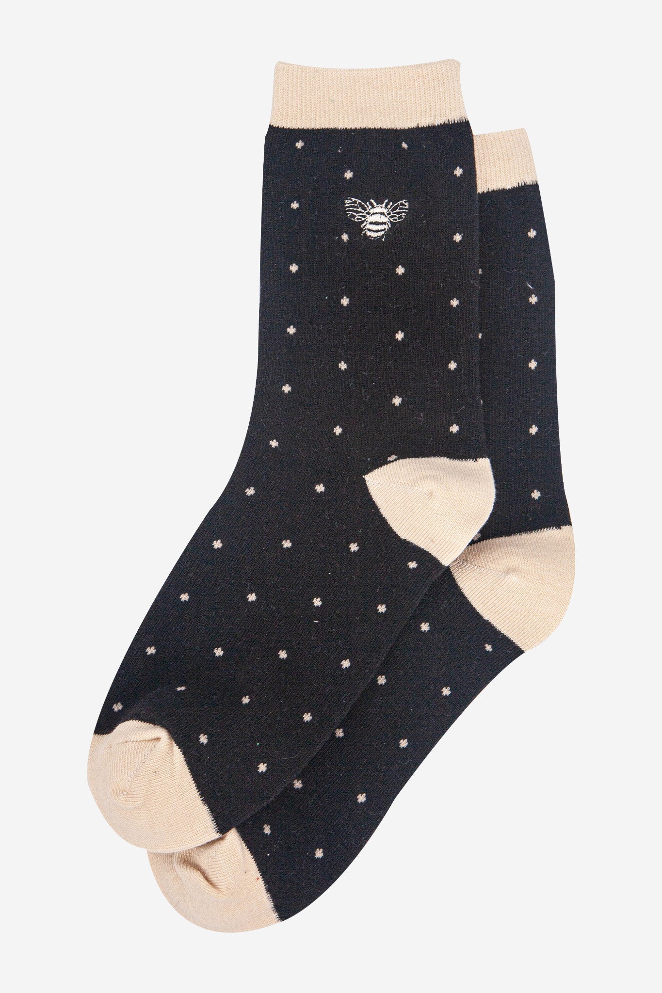 womens-embroidered-ankle-socks-black-polka-dot-bee-laying-flat