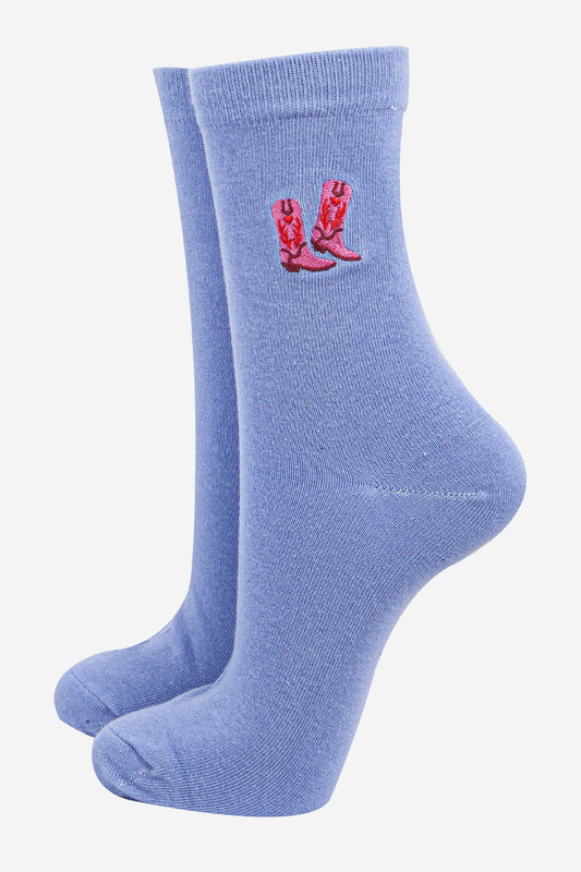 womens-embroidered-ankle-socks-light-blue-cowboy-boots-cotton