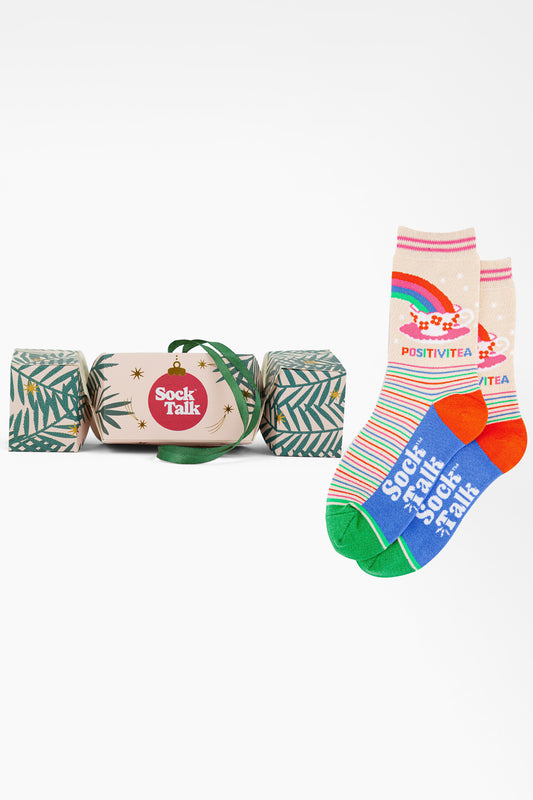 Women's Combed Cotton Ankle Socks Christmas Cracker Gift Box- Cream/Multi, Positivitea
