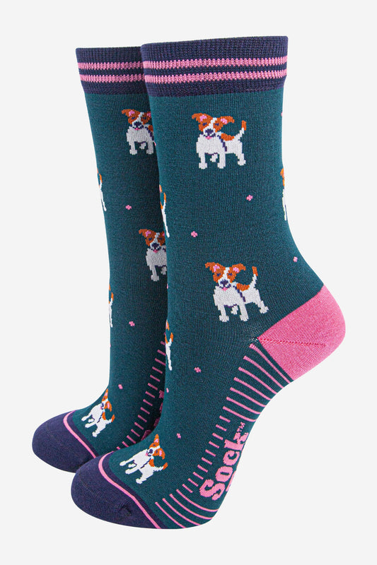 womens-bamboo-socks-forest-green-navy-blue-jack-russell-terriers-dogs