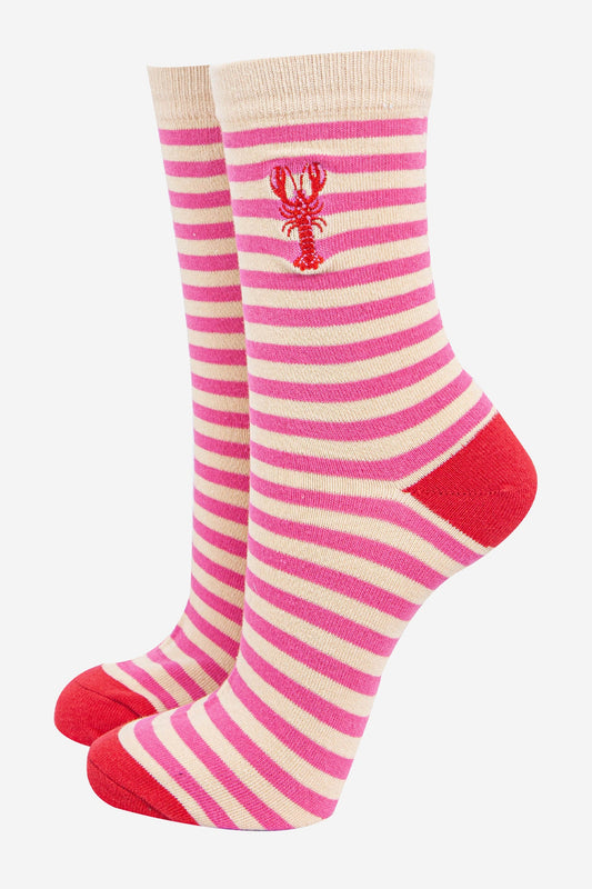 womens-embroidered-ankle-socks-red-lobster-stripe-cotton