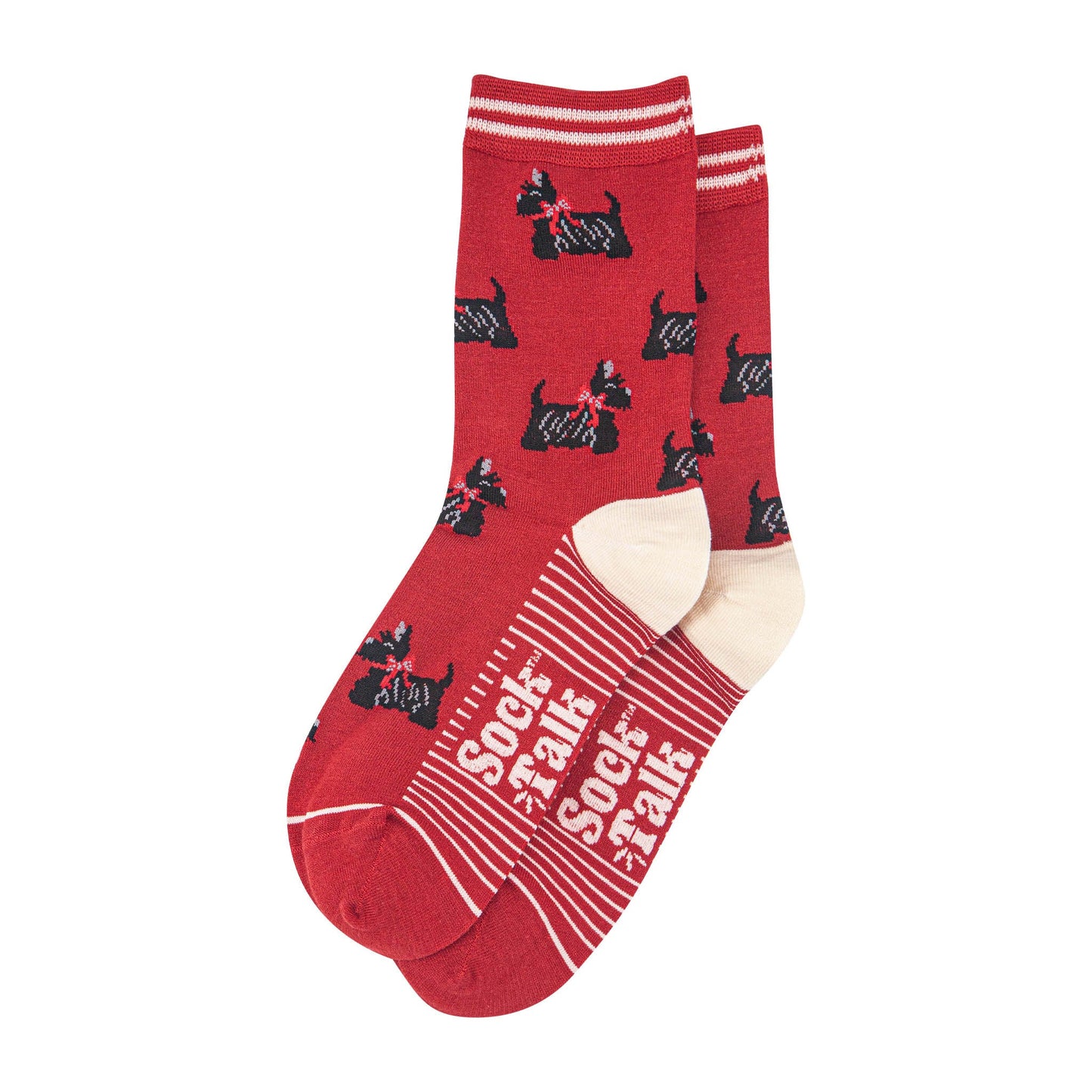 womens-bamboo-socks-red-cream-scottish-terriers-laying-flat